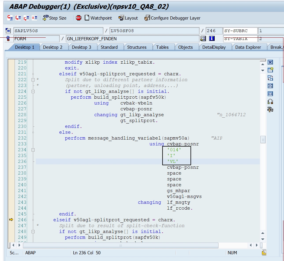 SAP ABAP Central Debug tips about VL014 “Error delivery split because