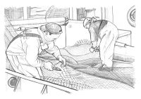 Dibujo de marineros reparando redes de pesca, Luis Resines