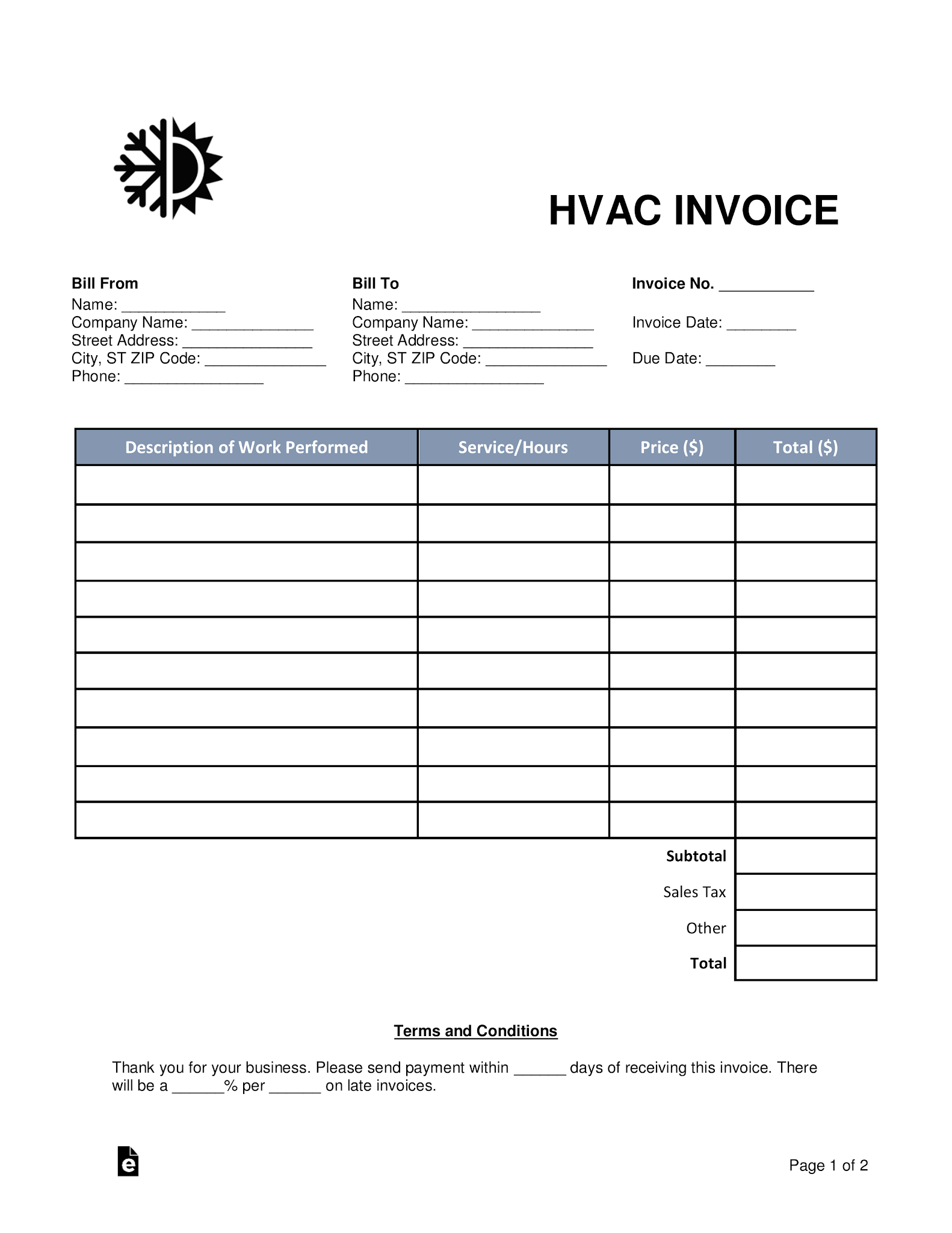 Hvac receipt invoice template