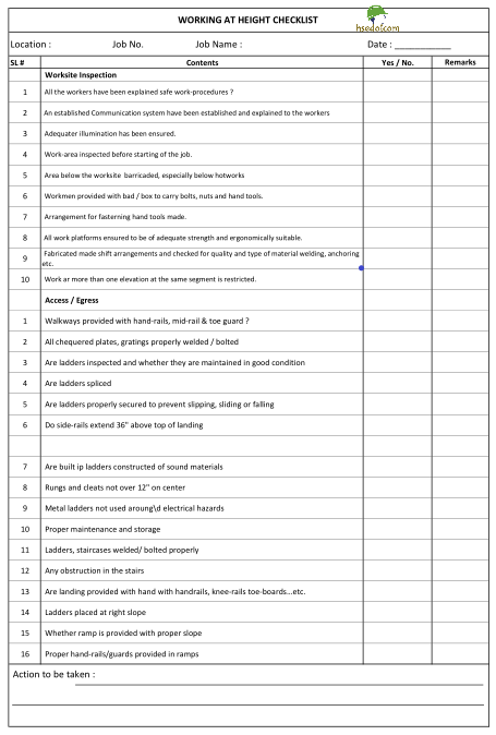 Free download this Work at height job inspection checklist in excel ...