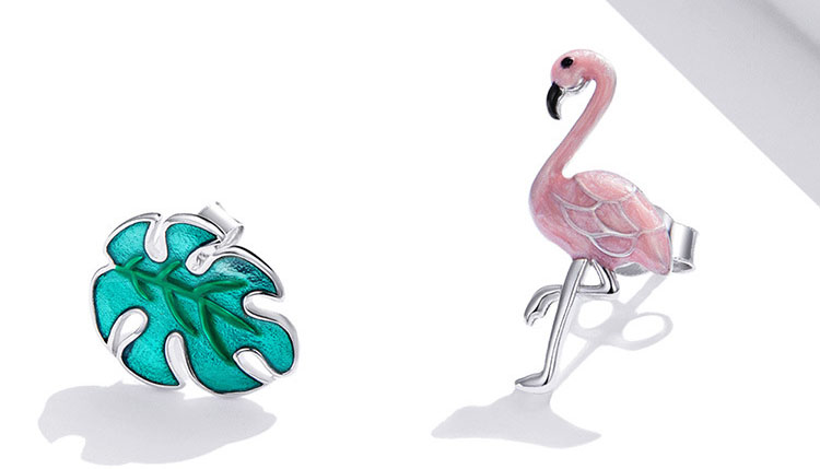 不對稱風滴釉火鶴與葉子 925純銀耳環