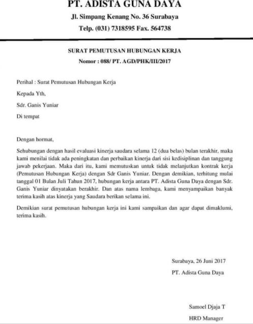 Contoh Surat Pemberhentian Kerja - Contoh Surat