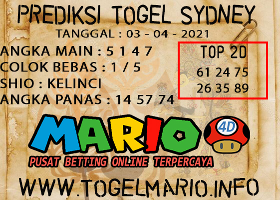 PREDIKSI TOGEL SYDNEY POOLS 03 APRIL 2021 - Mario 4D