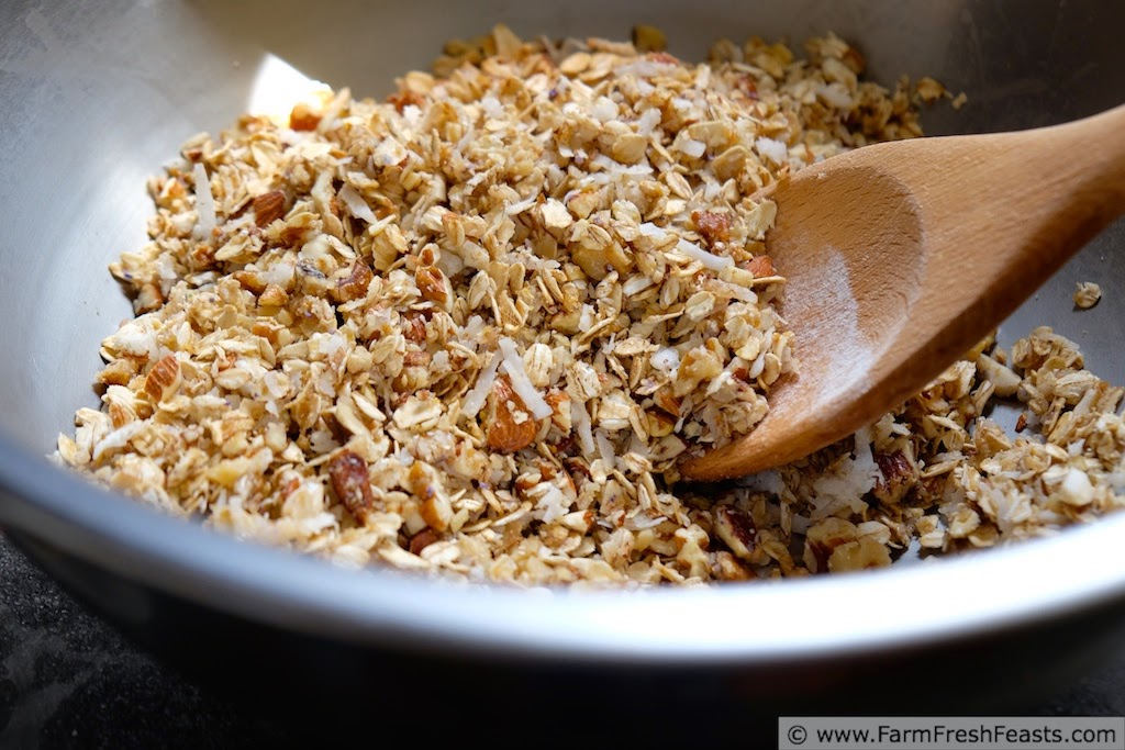 Nutty crunchy granola, sweetened with wild violet sugar and wild violet syrup, is a tasty breakfast or bedtime snack.