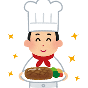 料理を差し出しているシェフのイラスト（男性）