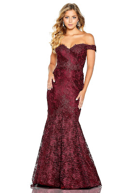 Amarra Beaded lace off the shoulder dark red color dress