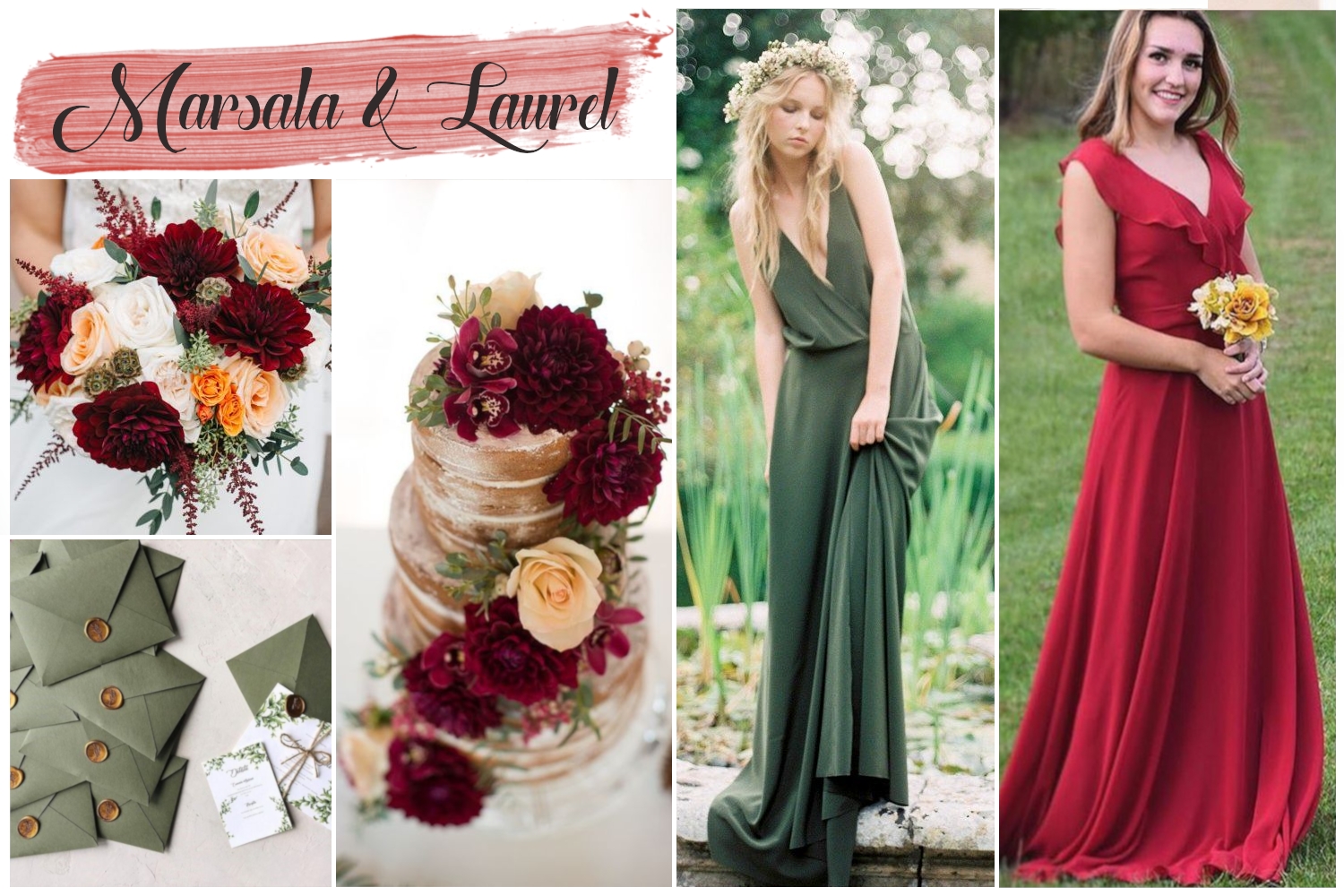 color inspiration collage with Marsala and laurel Wedding palette