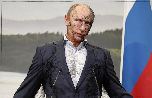 Владимир Путин (Vladimir Putin) with 'Tertia musculorum tabula' medical anatomy drawing superimposed over him, looking like full body tattoo