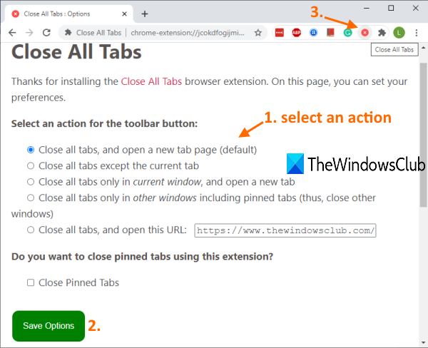 select an action of Close All Tabs chrome extension and use its icon