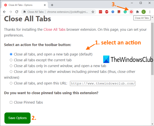 sélectionnez une action de l'extension Chrome Fermer tous les onglets et utilisez son icône