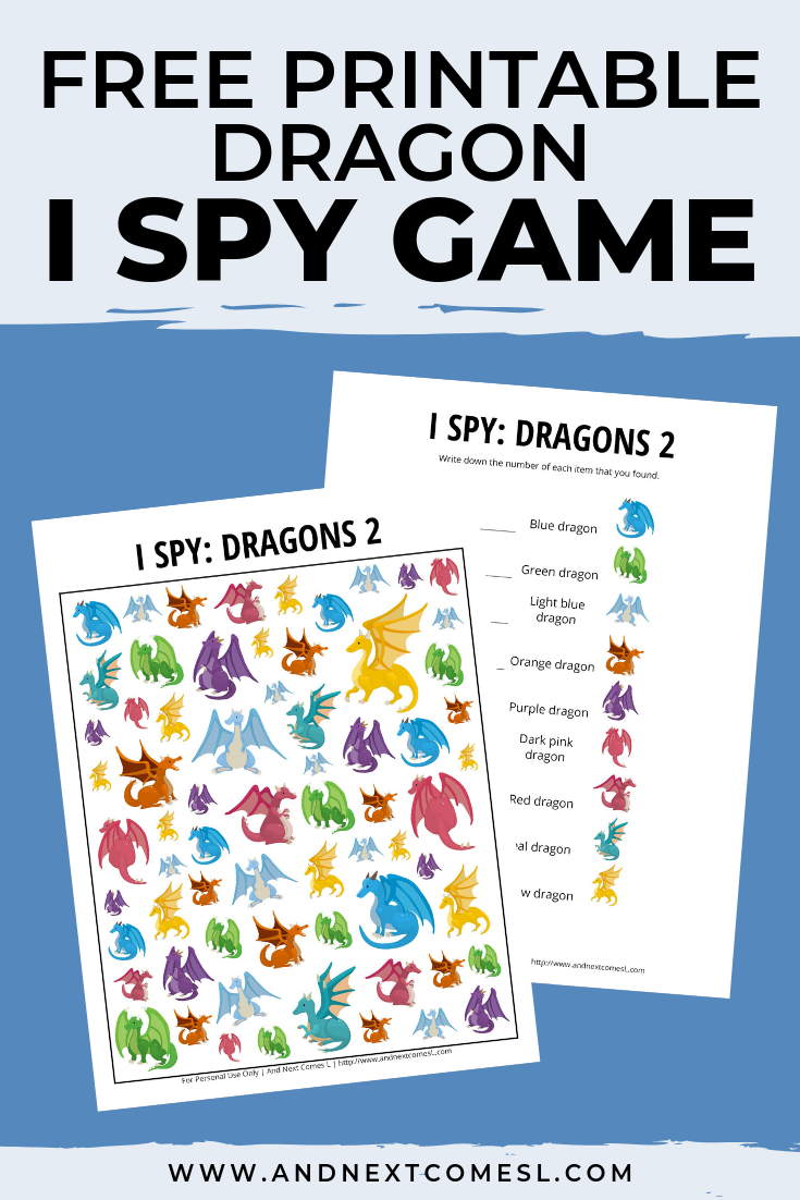 Free I spy game printable for kids: dragon themed
