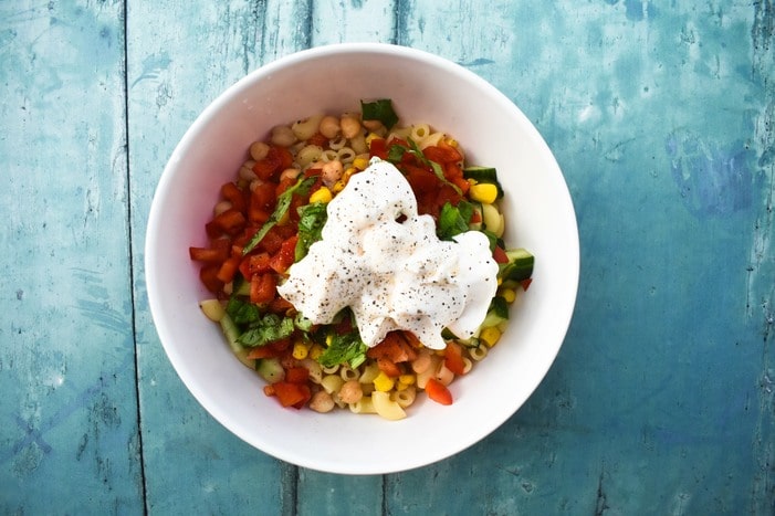 Vegan macaroni salad -Step 5 Vegan macaroni salad -Step 5 (mayo and seasoning added)