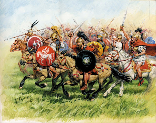 Атака римской кавалерии. В ближнем бою римские всадники превосходили нумидийцев.  Рисунок А. Каращука