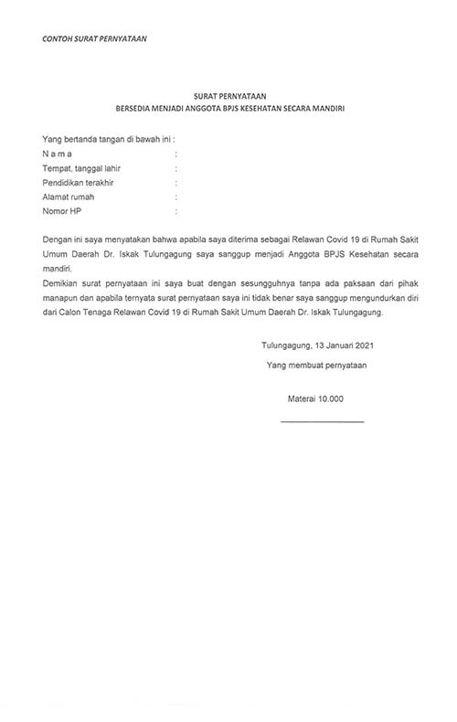 Pengadaan Tenaga Relawan COVID-19 RSUD Dr. Iskak Tulungagung Jawa Timur Tahap 2