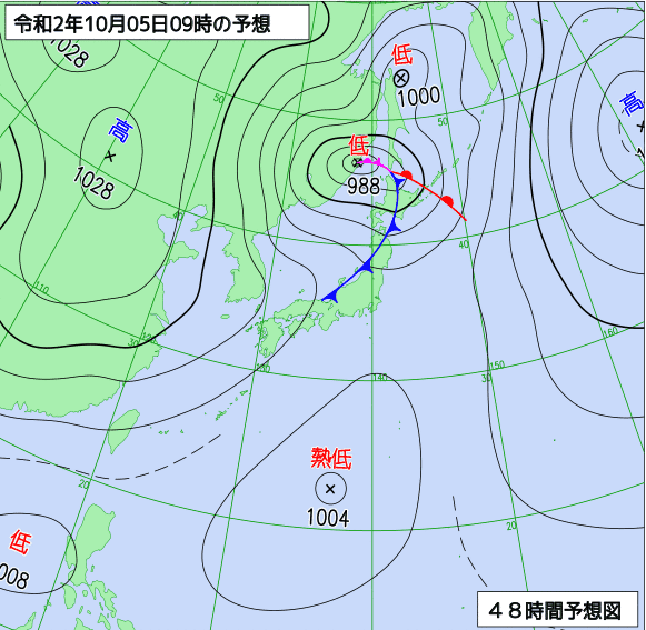 【台風14号のたまご】気象庁の予想天気図では5日9時に日本の南に台風のたまごである熱帯低気圧が出現！今後台風14号
