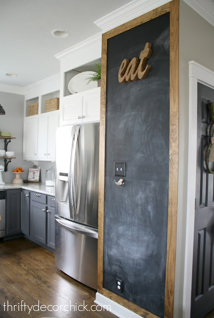 Stained frame around chalkboard wall