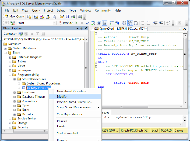 Exact Help: How to create stored procedure in sql server management ...