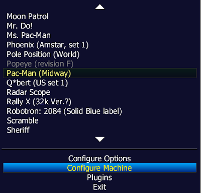Screenshot showing a menu of arcade games to selection from in the MAME user interface.