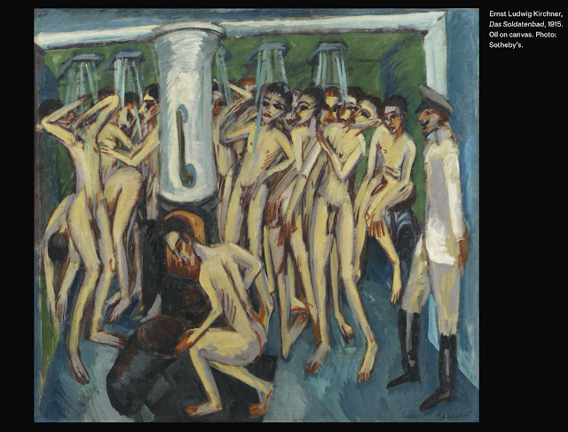 Das Soldatenbad was acquired by the Jewish art dealer Alfred Flechtheim in 1919, but Nazi persecution ended his ownership of the gallery which was Aryanized, coming under the control of the Nazi Alex Vömel who had previous worked as his assistant. Das Soldatenbad is one of the many paintings Jewish art dealer Alfred Flechtheim lost due to Nazi persecution which targeted him and forced the Aryanization of his art gallery in 1933.