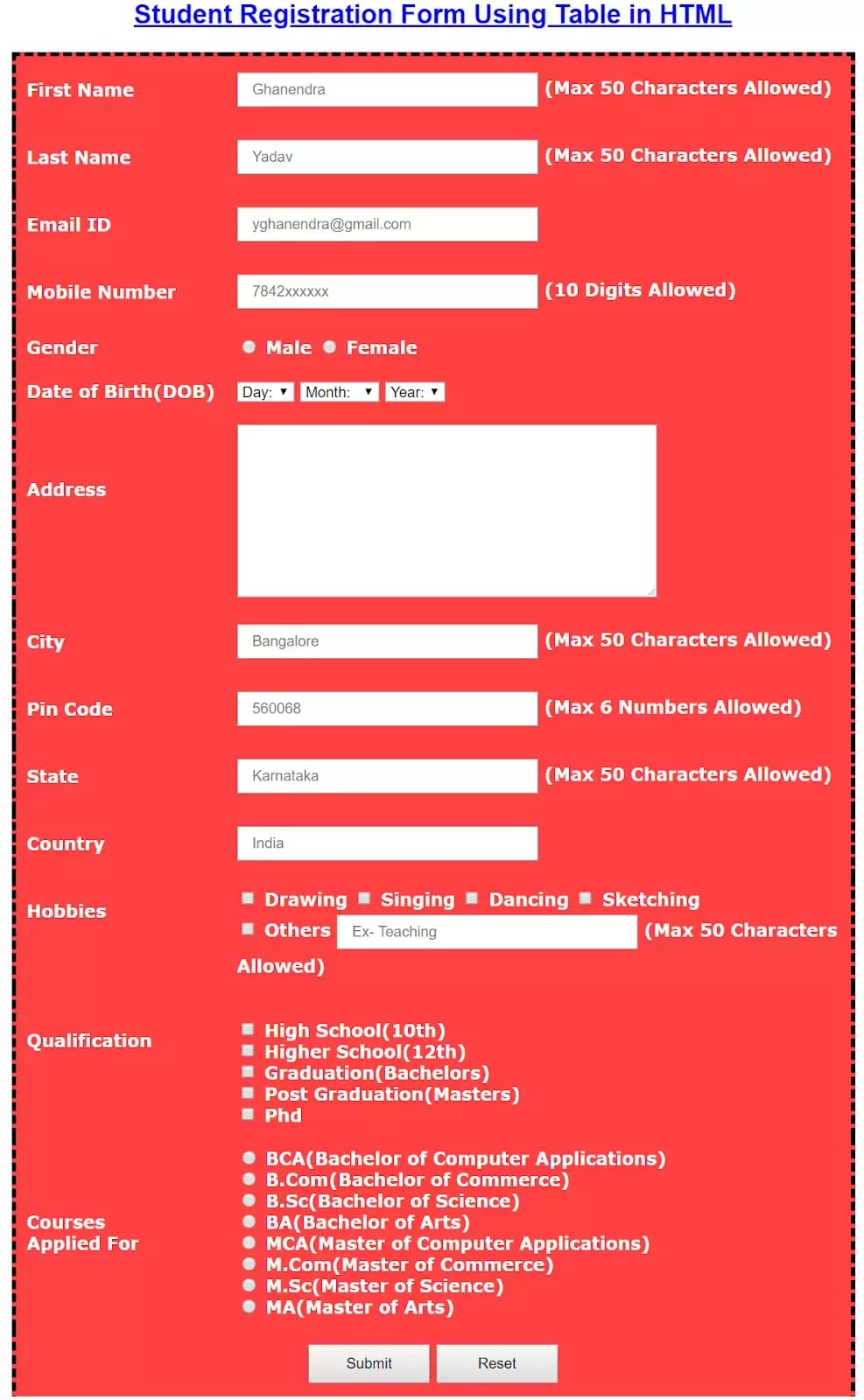 Student Registration Form in HTML