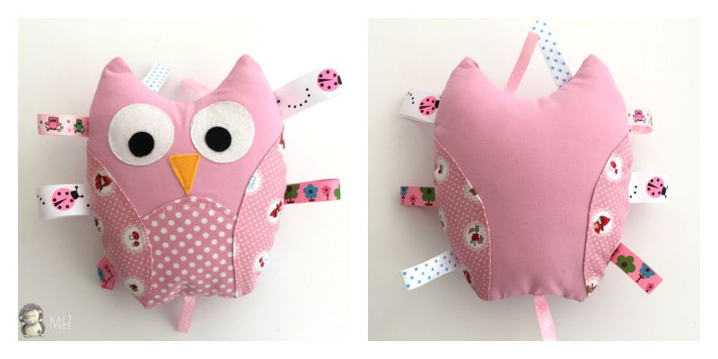 Búho de etiquetas rosa delante y detrás