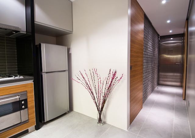 Picture of modern kitchen and narrow hallway as part of the Hong Kong apartment design