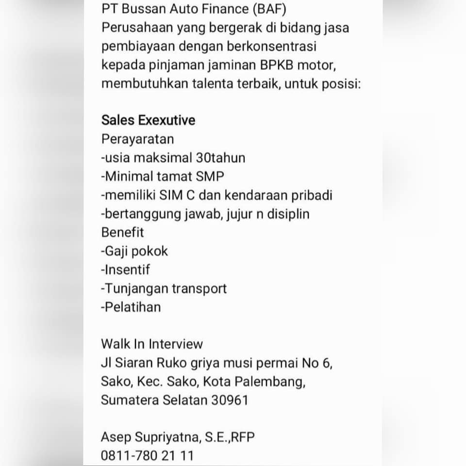 Lowongan Kerja Sales Executive Pt Bussan Auto Finance Baf Karir Palembang