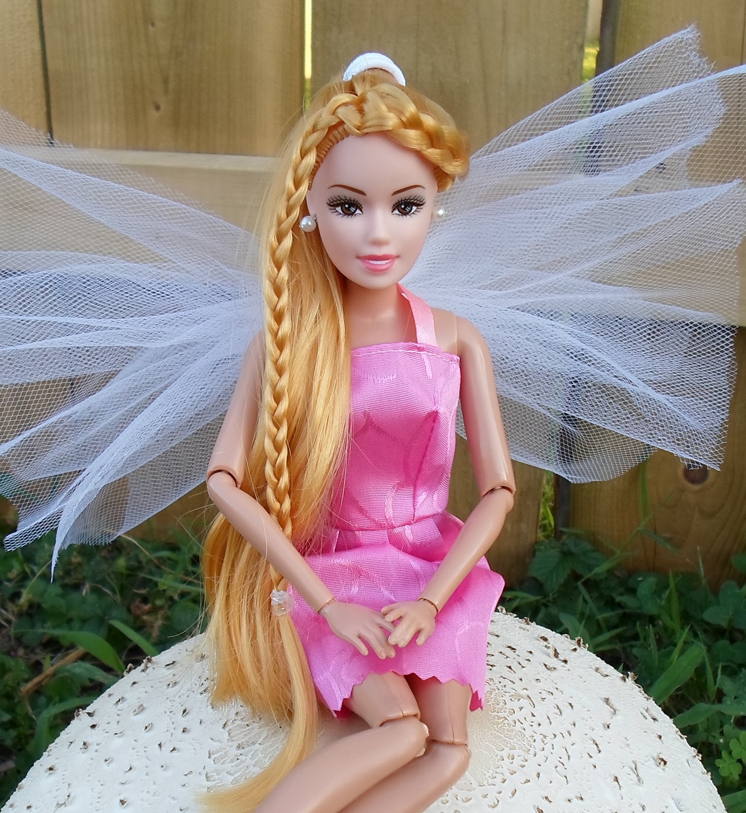 DIY Barbie Blog Fairy Garden Barbie Posing on Natural Mushroom