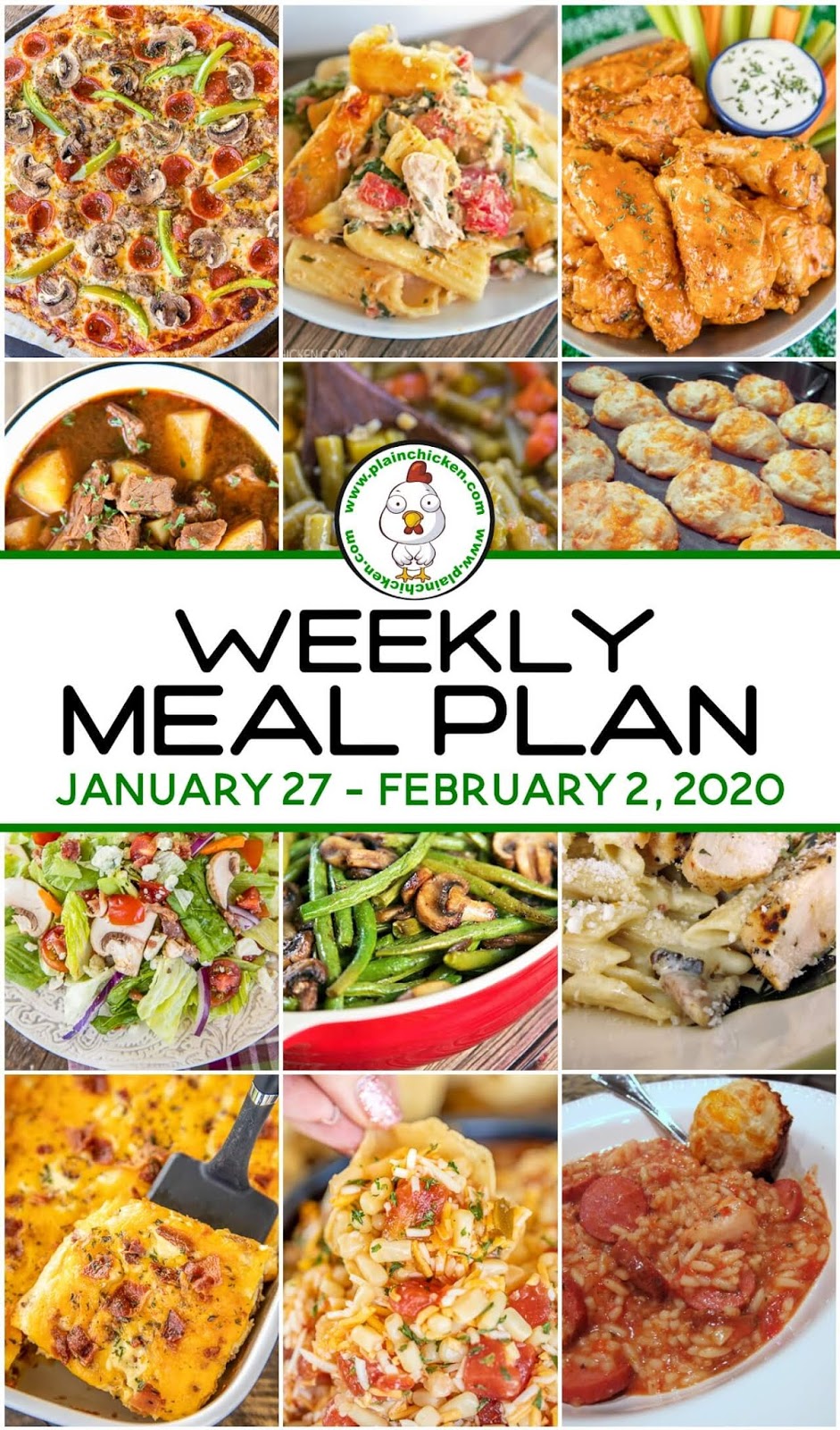 weekly meal plan collage of 12 dinner photos