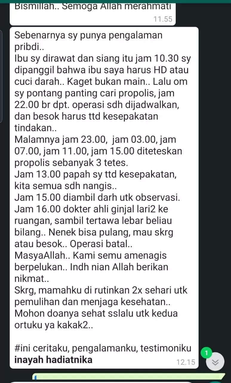 pengalaman orang yang penyakit ginjal &  sudah mengonsumsi british propolis secara kontinyu & sudah merasakan manfaat yang sangat baik untuk kesehatannya