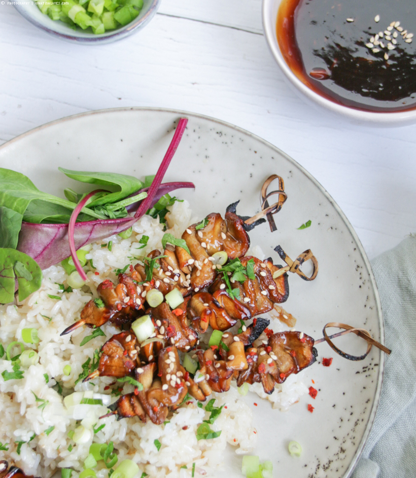 vegane Spieße aus Pilz & Aubergine