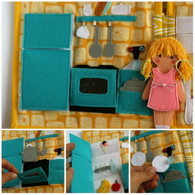 Travel dollhouse busy book with felt paper doll- kitchen