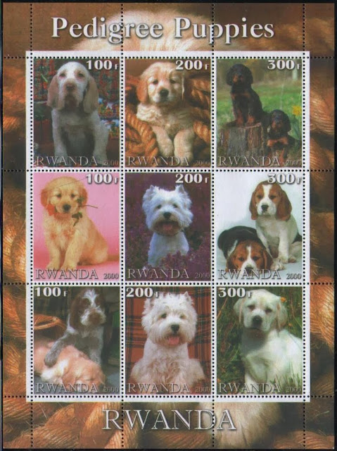 2000年ルワンダ共和国 ゴールデン・レトリーバー、ウェスティ、ビーグルなど子犬の切手シート