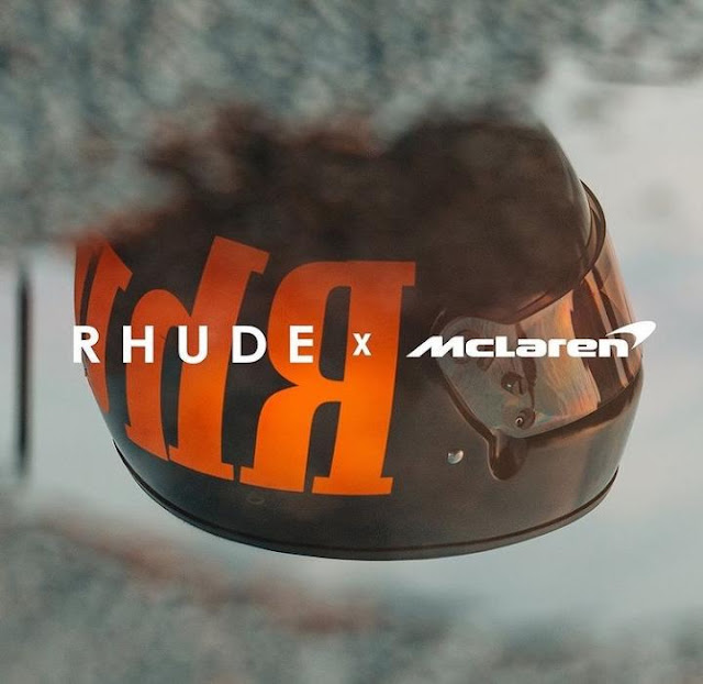 rhude x mclaren, collezione moda. Casco