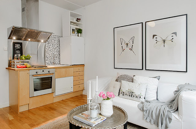 Kitnet decorada, feminina, clean, detalhes étnicos. Blog Achados de Decoração