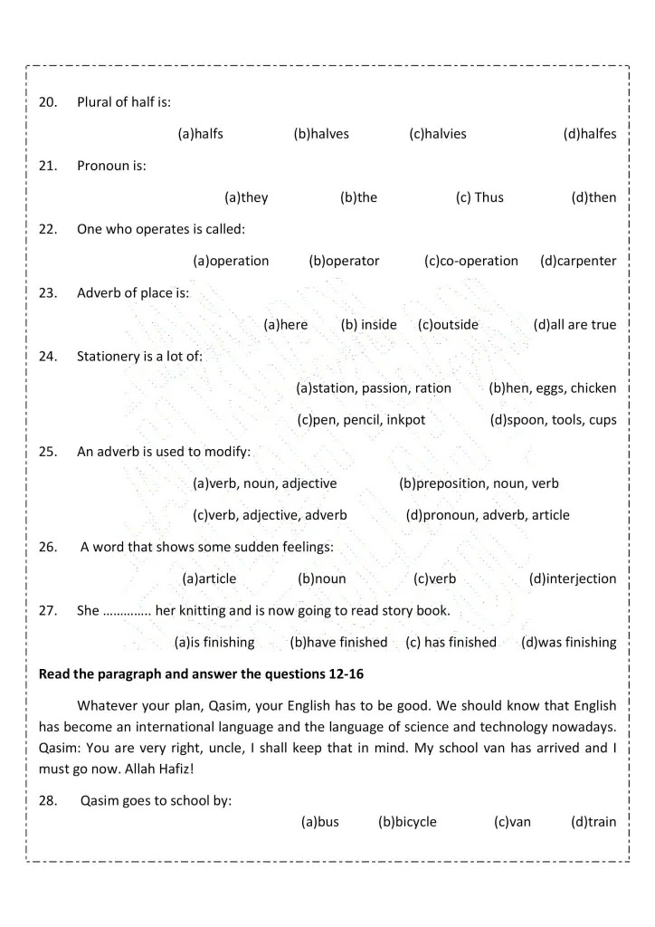 Parts Of Speech, Comprehension And Vocabulary Test MCQs English ,Class 8 PEDAGOGY TV