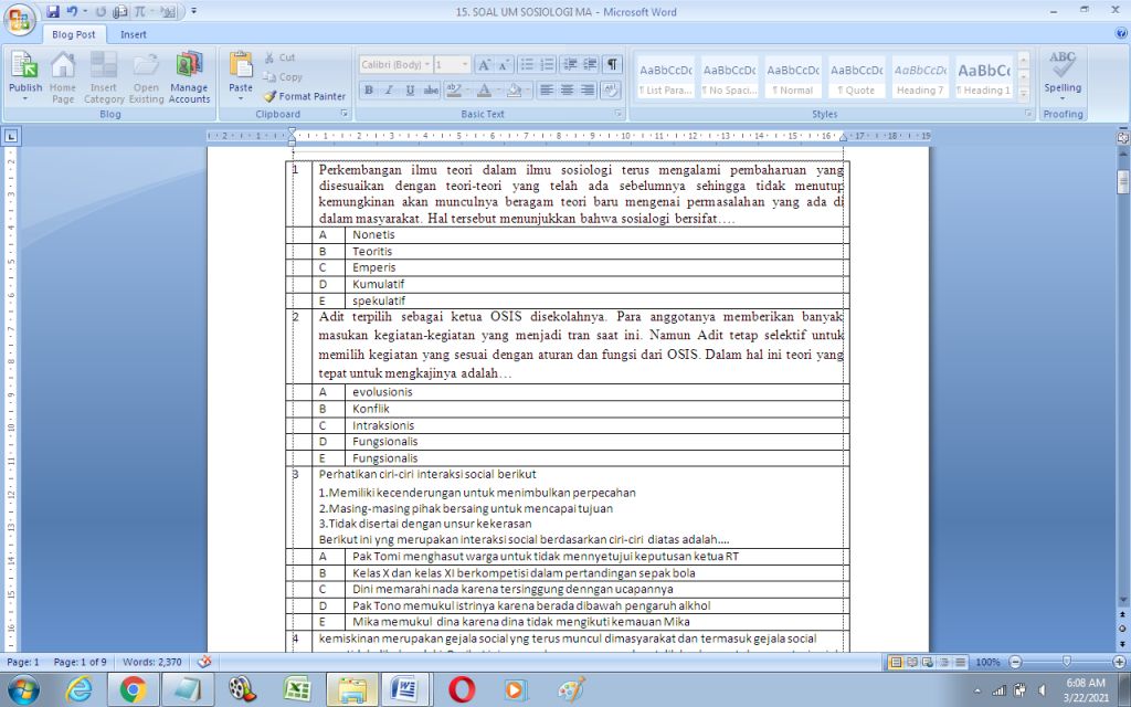 Contoh Soal Ujian Madrasah (UM) Sosiologi MA - antapedia.com