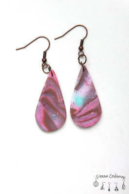 Boucles oreilles pâte polymère Mokume Gane Rose Taupe Vert Cernit Fimo Stenna Création