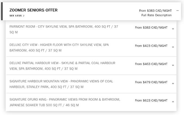 Fairmont Hotels Zoomer offer - 20% off the daily rate and a $50 Dining Credit for those who are