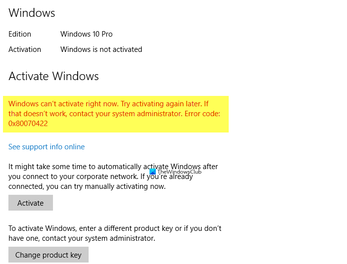Correction de l'erreur d'activation de Windows 10 0x80070422