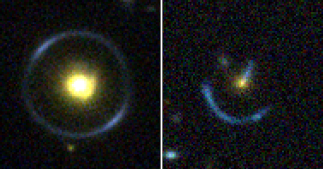 Examples of lensed galaxies, blue arcs around a central object.