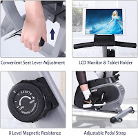 MaxKare Recumbent Bike features include: seat adjustment lever, LCD monitor & tablet holder, tension adjustment (8 levels), non-slip pedals with adjustable straps, image