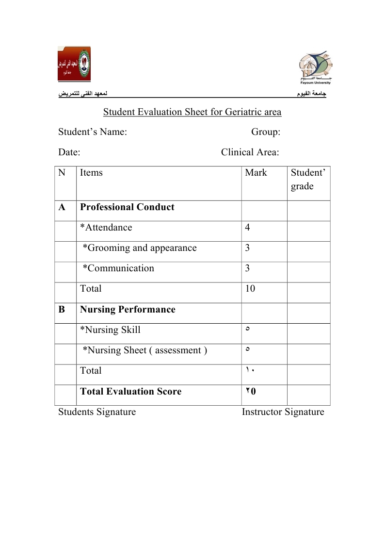 Assessment sheet for elderly person شيت للمسنين