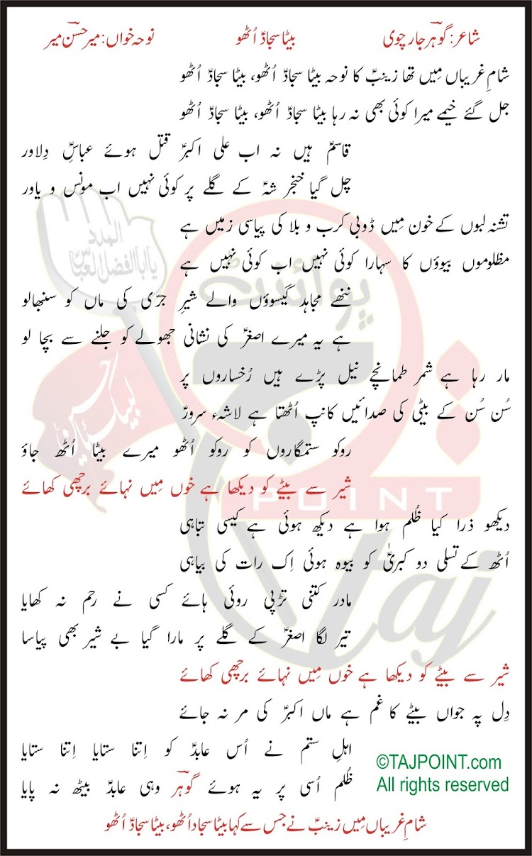 Noor Ki Anjuman Fatima Lyrics Mir Hasan Mir