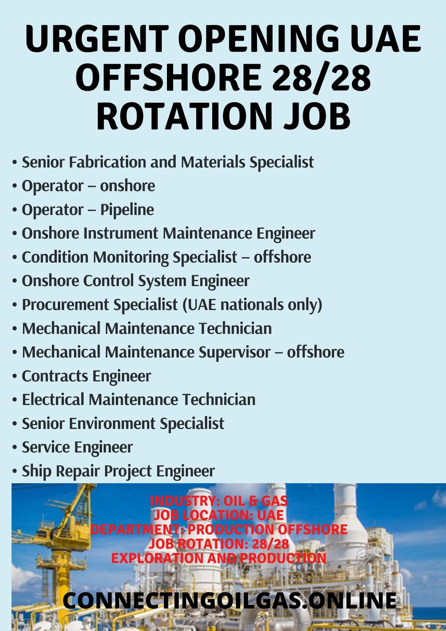 URGENT OPENING UAE OFFSHORE 28/28 ROTATION JOB