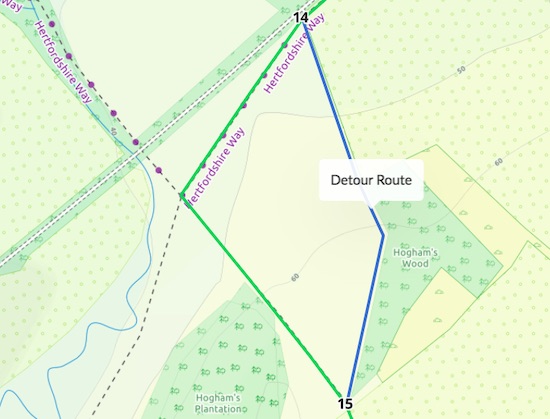 Official right of way in green. Detour apparently trodden by walkers in blue Created on Map Hub by Hertfordshire Walker Elements © Thunderforest © OpenStreetMap contributors