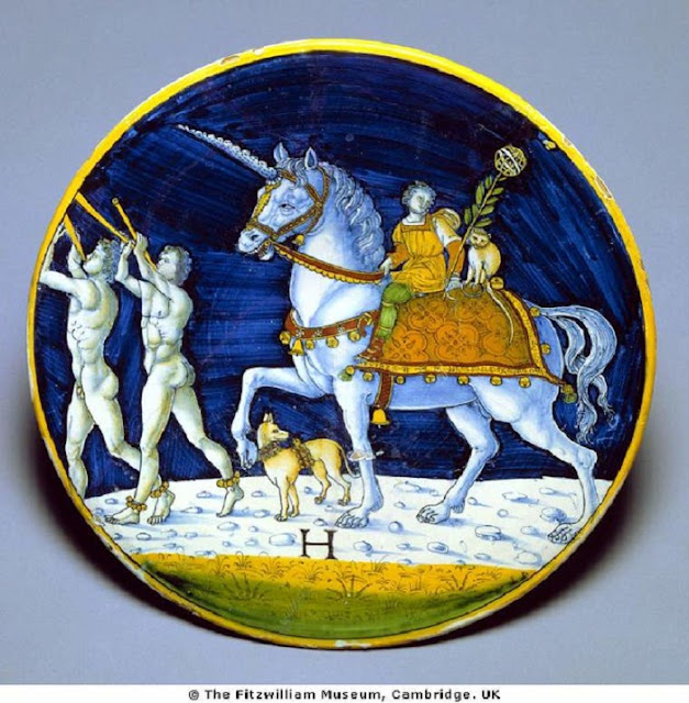 Unicorn. Jacopo di Stefno Schiavone,  art. tin glaze earthenware maiolica . Italy 1498.  Fitzwilliam Mus.