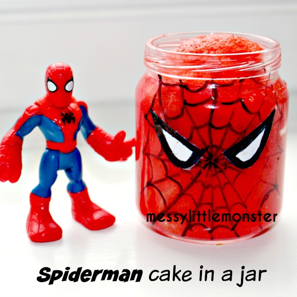 Spiderman microwave cake in a jar.  A simple recycled baby jar craft for kids. Superhero fans will love this tasty activity! A fun craft for boys or party food idea.