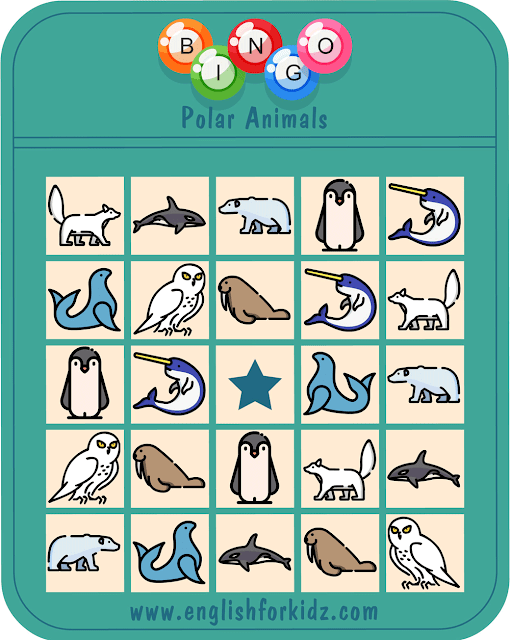 Polar animals bingo game – printable ESL worksheets for English teachers and students