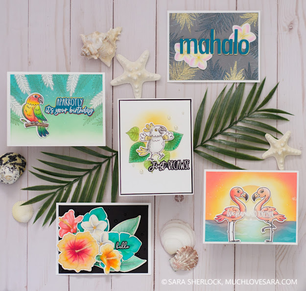 Honey Bee Stamps Summer Release 2020 | Handmade Cards created by Sara Sherlock, featuring Honey Bee Stamps Birds of Paradise, Tropical Tweets, and Paradise Blooms Stamp and Honey Cut Die sets.  Tropical themed cards, with exotic birds and flowers.